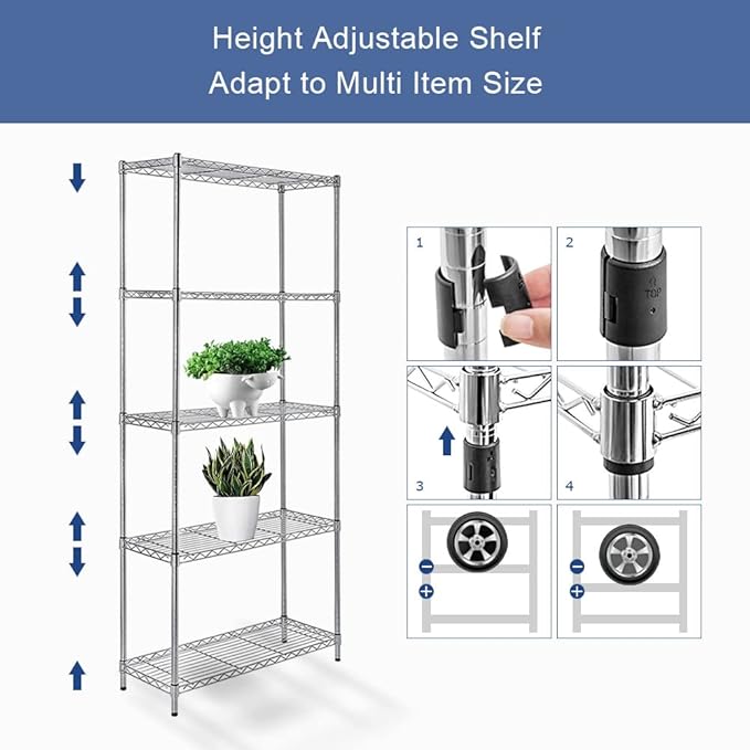 5 Tier Narrow Wire Shelving Unit with NSF Certified, Adjustable Narrow Metal Shelf, Narrow Storage Shelves for Small Spaces, Bathroom, Laundry, Kitchen, 14"D X 24"W X 59"H, 750 LBS Capacity, Chrome