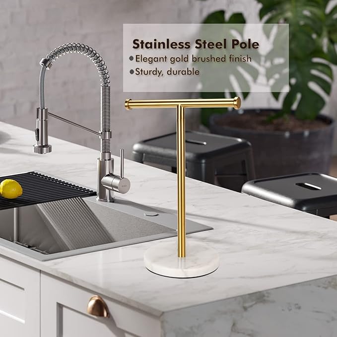 Gold Hand Towel Holder Stand Countertop, Sturdy Marble Base, Hand Towel Rack for Bathroom (Gold Brushed)