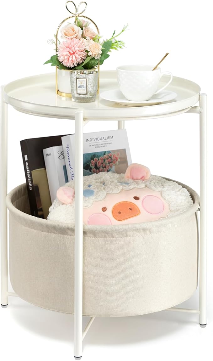danpinera Round Side Table with Fabric Storage Basket, Metal Side Table Small Bedside Nightstand with Removable Tray Top for Living Room, Bedroom, Nursery, Laundry, White-NeatNest