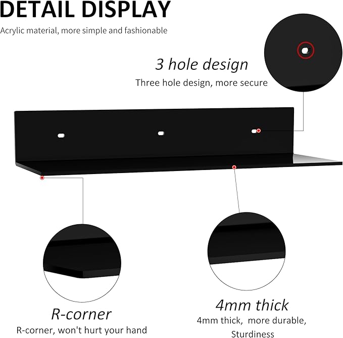 15 Inches Acrylic Wall Shelves 2 Pack, Floating Shelf for Wall Mounting, Acrylic Display Ledges for Funko Pop Figures, Home Décor, Living Room, Gaming Room, Plants(15 inch, Black)-NeatNest