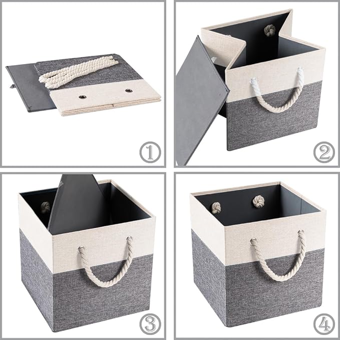 PRANDOM Large Foldable Cube Storage Bins 13x13 inch [4-Pack] Fabric Linen Storage Baskets Cubes Drawer with Cotton Handles Organizer for Shelves Nursery Closet Bedroom White and Grey-NeatNest