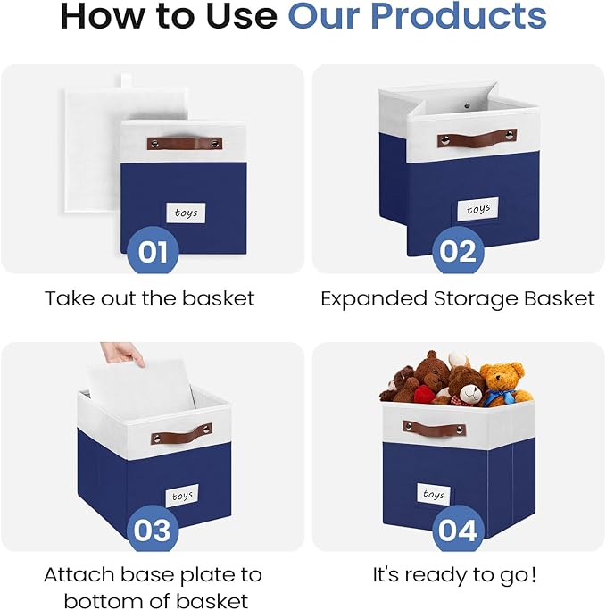 6-Pack Collapsible Fabric Storage Cubes with Handles & Label Holders, Closet Cube Home Organizer Bins (White/Navy Blue, 10.5 * 10.5 * 11 inch)