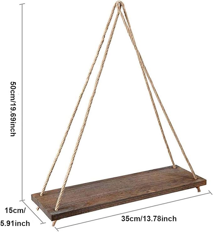 Hanging Shelves for Wall Wooden Floating Shelves Plant Shelf Macrame Rope Triangle Shelf, Natural Reclaimed Wood, Farmhouse Rustic Modern Aesthetic, Boho Dorm Living Room Bedroom Decor-Beige-NeatNest