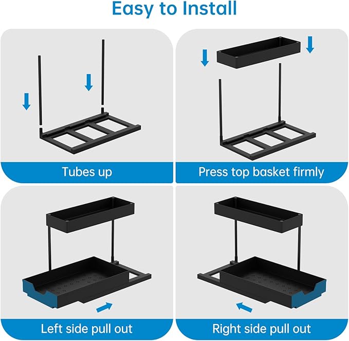 2-Tier Under Sink Organizers 2 Pack Sliding L-shape Cabinet Organizers Narrow Space Storage Shelves Multi-purpose Sink Organizer Baskets with 4 Hook for Kitchen Bathroom Drawer, Black-NeatNest