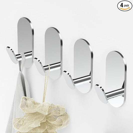 Adhesive Towel Hooks for Bathrooms 4 Pack Polished Chrome Stainless Steel and Zinc Alloy Sticky Wall Hooks for Hanging Heavy Duty Self Adhesive Robe Shower Hanger for Kitchen, Closet, Cabinet, Door