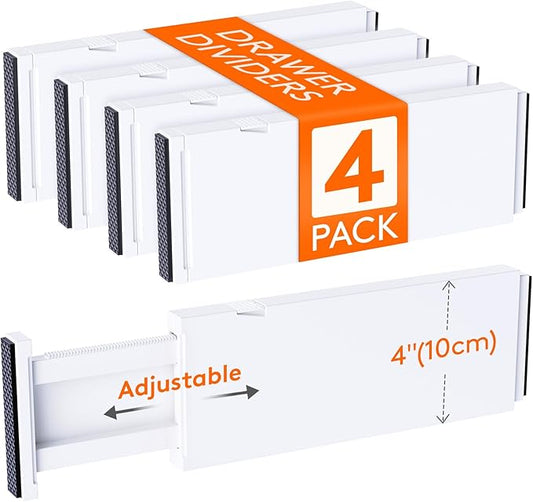 Lifewit 4 Pack Drawer Dividers 4" High,11-17" Adjustable Dresser Drawer Organizers for Clothes, Expandable Dresser Separators in Bedroom/Bathroom/Kitchen/Vanity/Office Organization and Storage, White-NeatNest