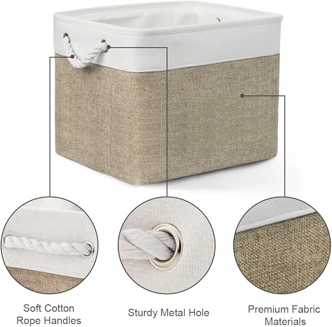 TheWarmHome Organization and Storage Basket for Gifts Empty - 16x12x12 inch Cube Storage bin 3 Pack Fabric Storage Cubes, Collapsible Baskets for Organizer Closet Cloth Gift Toy (White & Khaki)-NeatNest