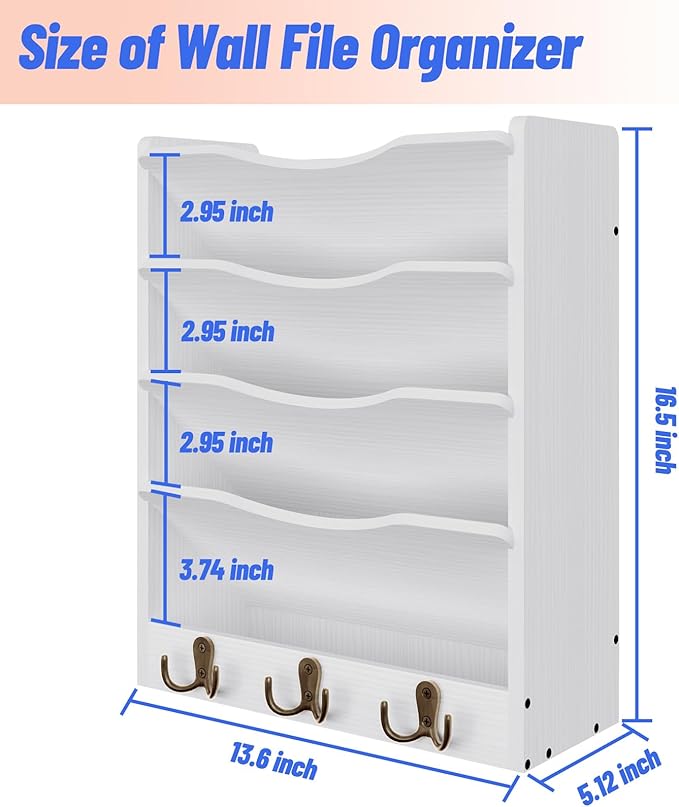 5 Tier Hanging Wall File Holders Letter Size Wall File Organizer Wood Mail Organizer with 6 Hooks, White