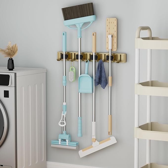 Broom Holder Wall Mount Mop and Broom Hanger Wall Mounted Garage Storage Rack Kitchen Garden Tool Organizer (4 Racks with 5 Hooks, Bronze)-NeatNest