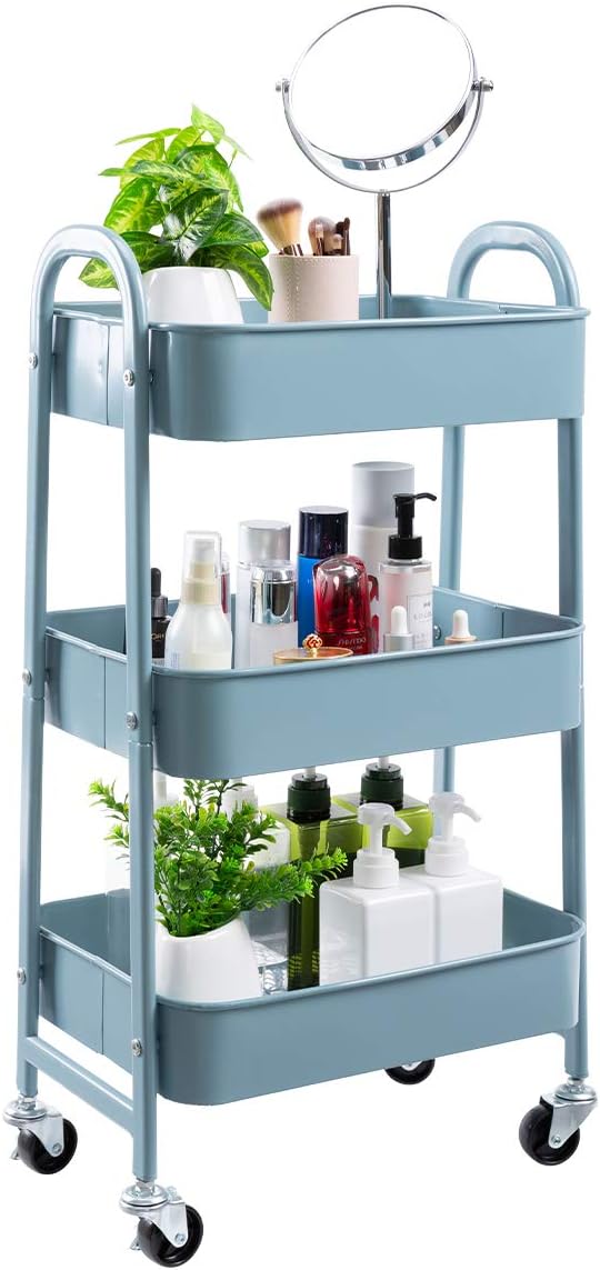 AGTEK Makeup Cart, Movable Rolling Organizer Cart, Grey-Blue 3 Tier Metal Utility Cart-NeatNest