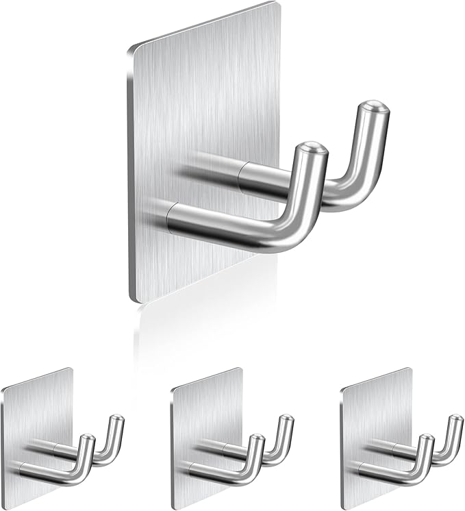 Adhesive Hooks, Stick on Stainless Steel Towel Robe Razor Wall Hooks for Bathroom Kitchen, Sticky Heavy Duty Durable Shower Hangers for Hanging Hat Coat Key Short-Silver(4pcs)