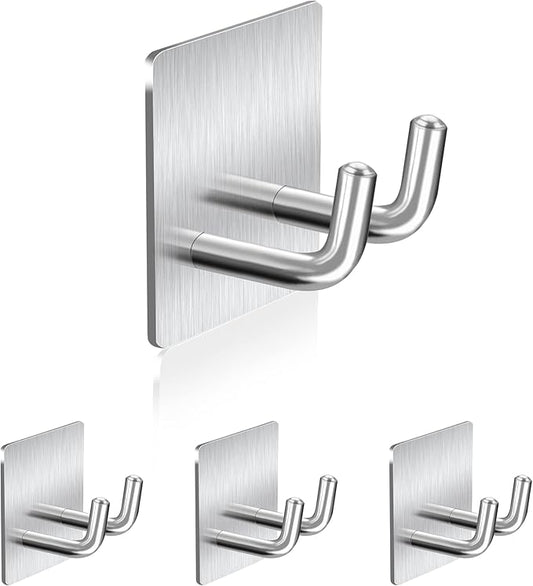 Adhesive Hooks, Stick on Stainless Steel Towel Robe Razor Wall Hooks for Bathroom Kitchen, Sticky Heavy Duty Durable Shower Hangers for Hanging Hat Coat Key Short-Silver(4pcs)