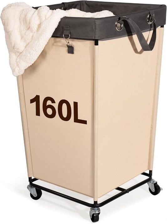 160L Laundry hamper with wheels and Handles, Large Rolling Laundry Basket, Laundry Cart for Room Bedroom Hotel Home-Beige