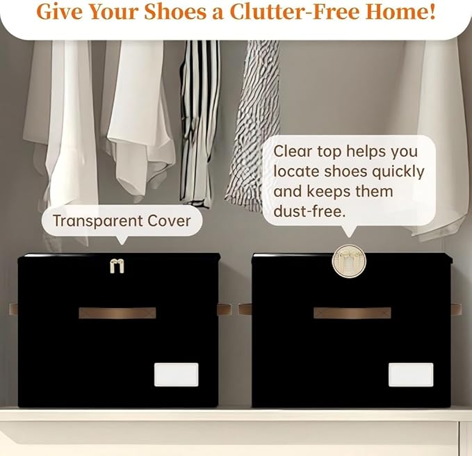 3 Pack Shoe Organizer for Closet, Foldable Shoe Storage Containers, Fits up to 24-48 Pairs, Shoe Storage Organizer Box Cubby Baskets Bins with Clear Cover and Reinforced Handles, Black-NeatNest