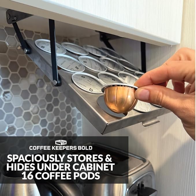 16 Pod - Under Cabinet Coffee Capsule and pod Holder – Space-Saving Hinge Hanging, Magnet Steel Construction Organizer for Small Spaces – Black-NeatNest