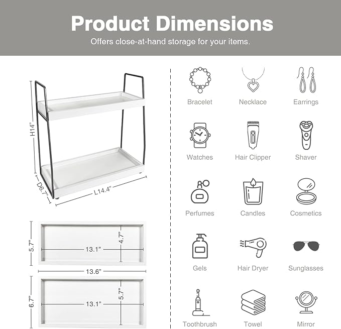 Forbena 2 Tier Bathroom Counter Organizer, White and Grey Coffee Bar Organizer for Countertop, Wood Shelf Tray for Vanity Makeup Storage, Small Kitchen Sink Top Organizers for Coffee Bar Station