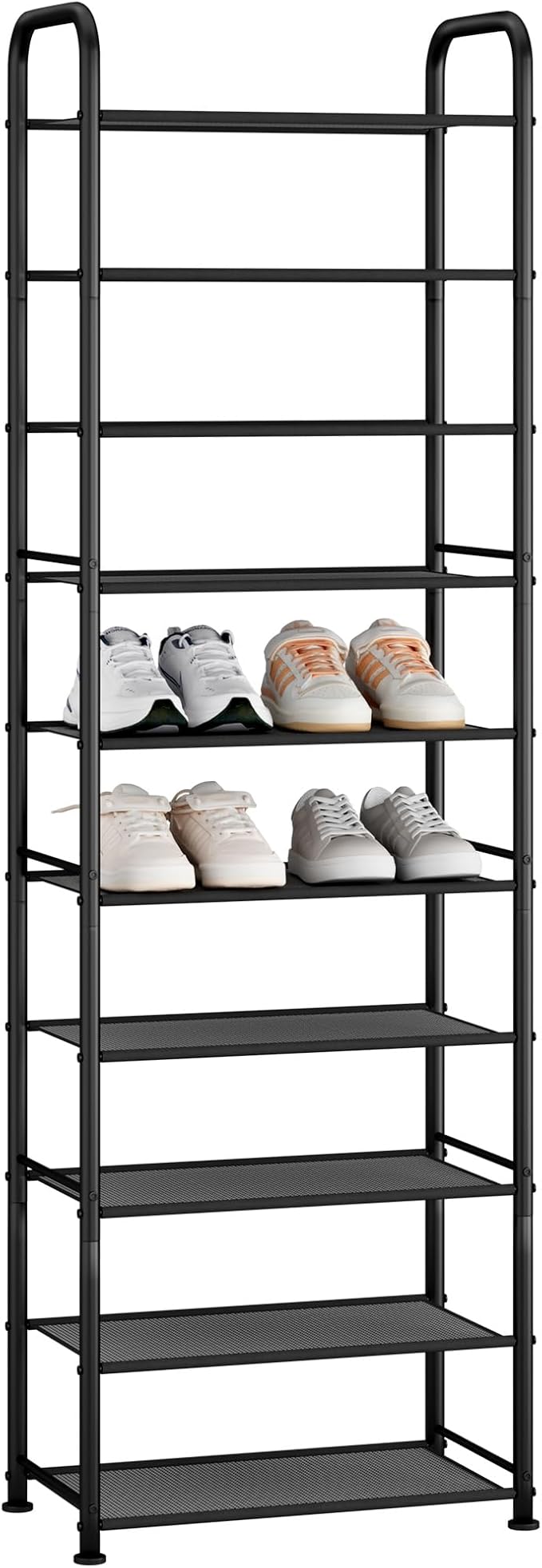 STORAGE MANIAC 10-Tier Tall Shoe Rack, 20 Pairs Narrow Slim Shoe Shelf, Metal Frame Shoes Stand for Small Space, Space-Saving Shoes Organizer, Vertical Shoes Tower for Garage, Entryway, Closet, Dorm-NeatNest