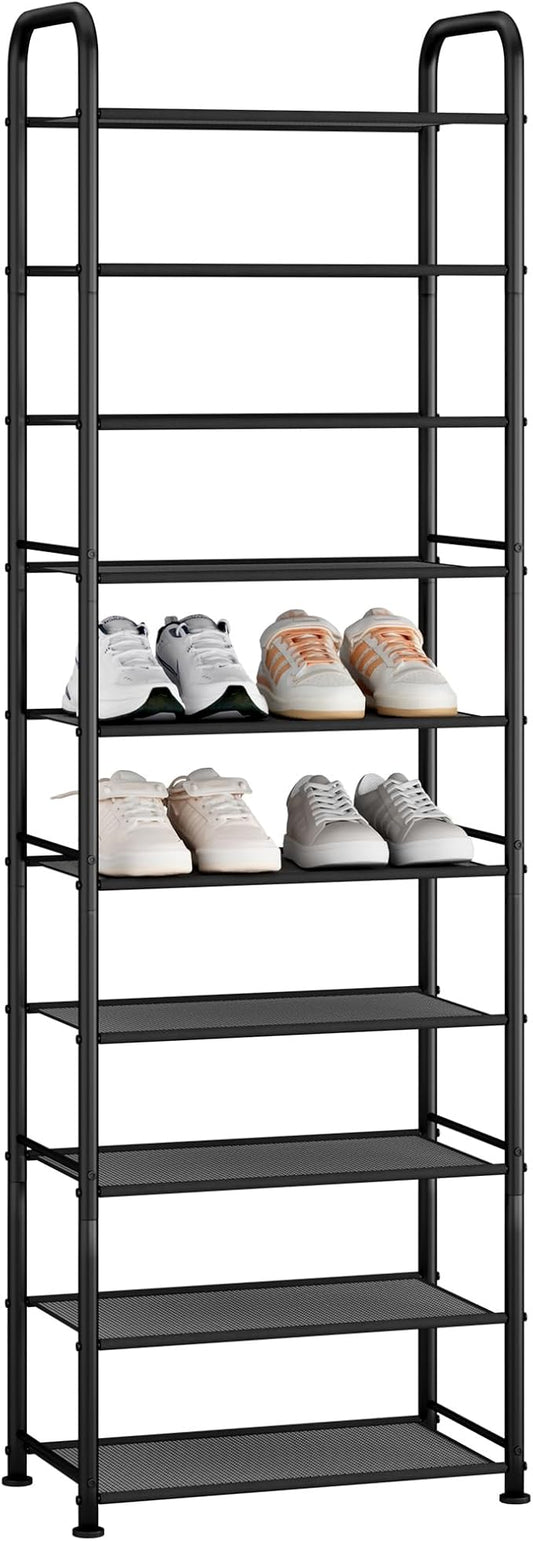 STORAGE MANIAC 10-Tier Tall Shoe Rack, 20 Pairs Narrow Slim Shoe Shelf, Metal Frame Shoes Stand for Small Space, Space-Saving Shoes Organizer, Vertical Shoes Tower for Garage, Entryway, Closet, Dorm-NeatNest