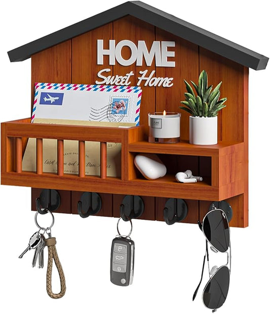 Key and Mail Holder for Wall, Wall Key Holder with Shelf, Home Key Holder for Wall, Wood Key Holder Wall Mount, Mail Organizer Wall Mounted, Entryway & Front Door Key Holder with 5 Hooks(Brown)