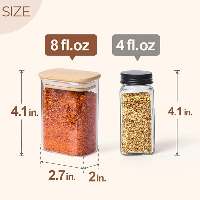 Comsaf Spice Jars with Label，8 oz Small Glass Jars with Lids, 6 Pcs Seasoning Containers, Rectangle Glass Containers with Lids, Empty Seasoning Jars for Pantry Storage, Loose Tea, Herbs, Powders, Salt-NeatNest