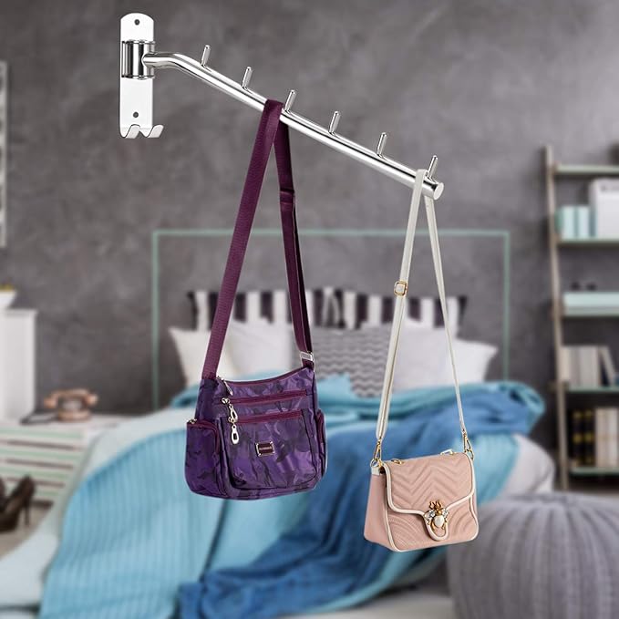 2-Pack Wall Mounted Folding Clothes Hanger Rack, Stainless Steel Clothes Hooks with Swing Arm Holder Space Saving Clothing Hanging System Closet Storage Organizer Heavy Duty Drying Rack