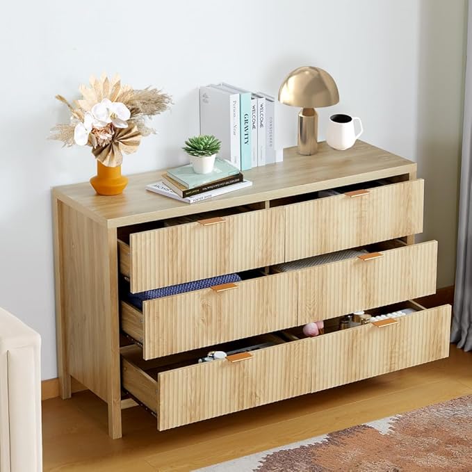 6 Drawer Dresser Cabinet, Long Nightstand with Drawers and Storage Cabinet, Boho Solid Wood Dresser TV Stand, Mid Century Modern Nightstand with 6 Drawer Dresser for Bedroom Closet (Natural)