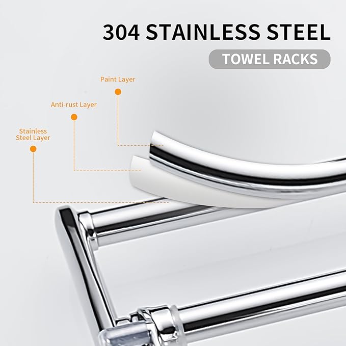 BESy 24 Inch Polished Chrome Towel Racks, Bathroom Towel Shelf with Foldable Towel Bar Holder and Towel Hooks, Wall Mounted Multifunctional Bathroom Accessories, Double Towel Bars-NeatNest