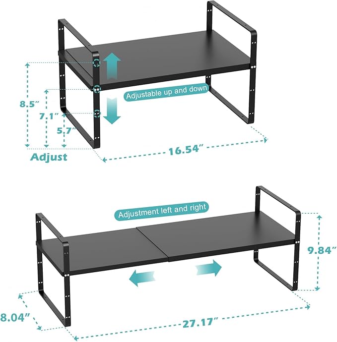 Cabinet Organizer Shelves,Expandable Spice Racks in Cabinet,Countertop Cupboard Pantry Shelves,Adjustable Storage Racks for Kitchen Bathroom Under Sink,2 Packs,8.07" D,Black