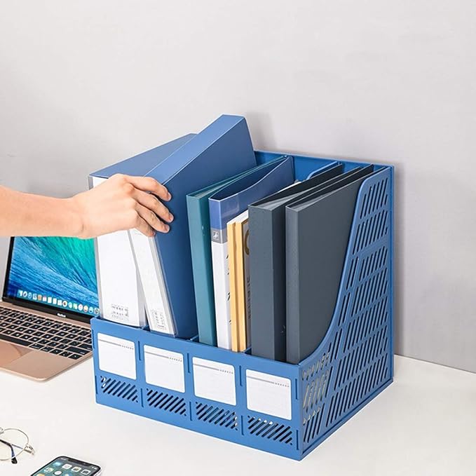Lemical File Holder Desktop Filing File Box 4 Compartments Vertical File Organizer Magazine Rack Book Holder Frames Binder Holder for Home Office School (Blue)