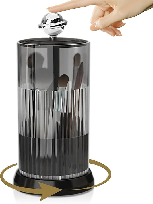 Makeup Brush Holder with Lid,One Touch Open 4 Slot Makeup Brush Case with Waterproof Dustproof, 360 Rotating Makeup Organizer for Vanity Desktop Counterto Bathroom (Black)-NeatNest