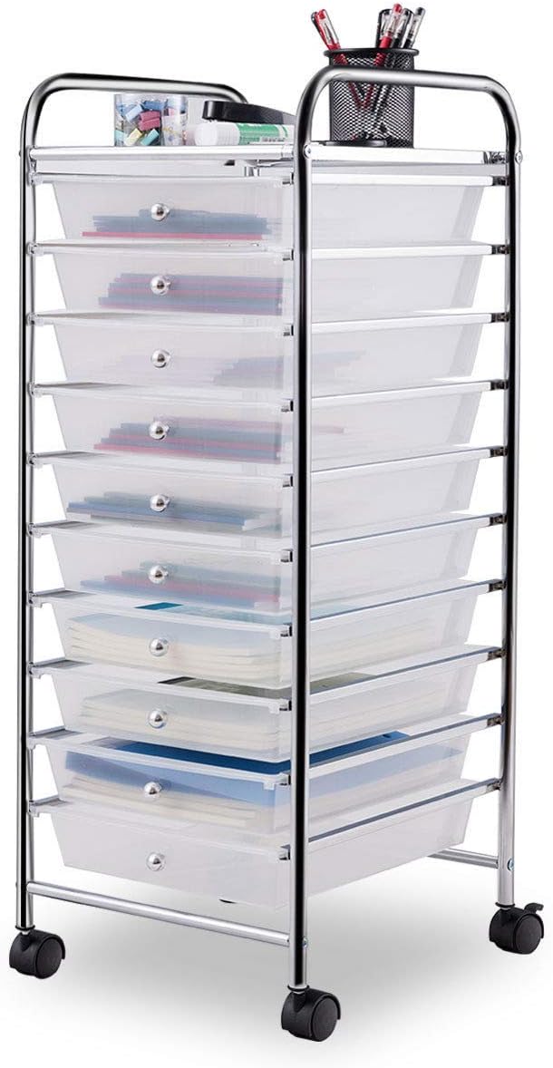 Giantex 10 Drawer Rolling Storage Cart Scrapbook Paper Office School Organizer (Clear)