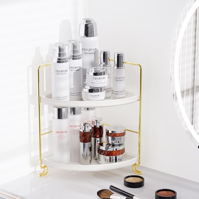 FSyueyun 2-Tier Corner Bathroom Counter Organizer, Tool-Less Installation Vanity Shelf Small Plastics Countertop Makeup Tray Skincare Perfume Organizers (Gold)-NeatNest