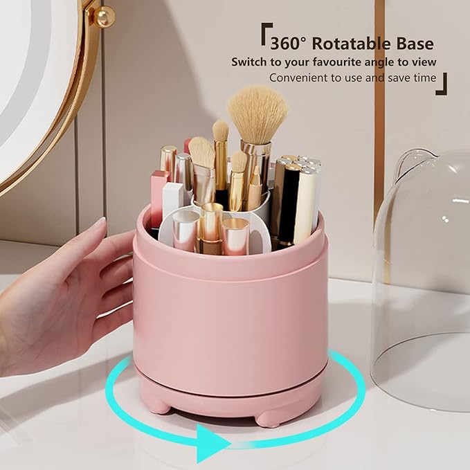 Cute Makeup Brush Holder Organizer with Lid, Rotating Dustproof Make Up Brushes Container with Clear Acrylic Cover for Vanity Desktop Bathroom Countertop-NeatNest