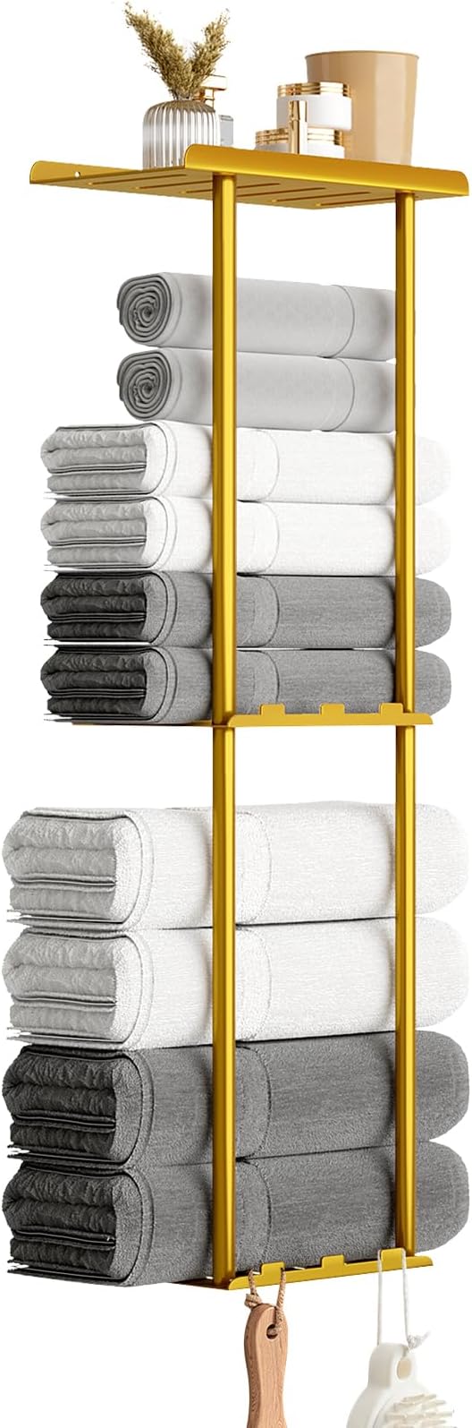 Towel Racks for Bathroom, 3 Tier Metal Towel Holder, with Shelf & 6 Hooks, 29 inch Wall Mounted Towel Storage, 6 Large Bath Towels Capacity,Small Bathroom Towel Rack for Rolled Towels, Gold