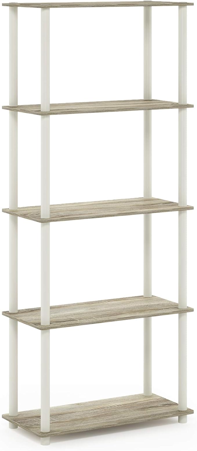 Furinno Turn-N-Tube 5-Tier Multipurpose Shelf / Display Rack / Storage Shelf / Bookshelf, Round Tubes, Sonoma Oak/White-NeatNest
