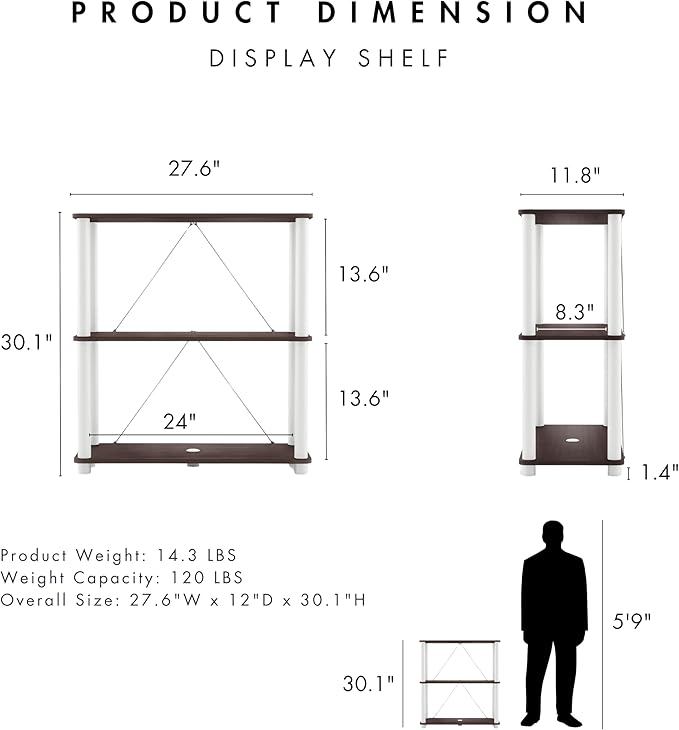 HOMES: Inside + Out Apexa Modern 3-Tier Wide Shelving Units, Collectibles Display Shelves, Easy Assembly Standing Shelf, Home Storage Organizer for Living Room, Bedroom, Office, Espresso