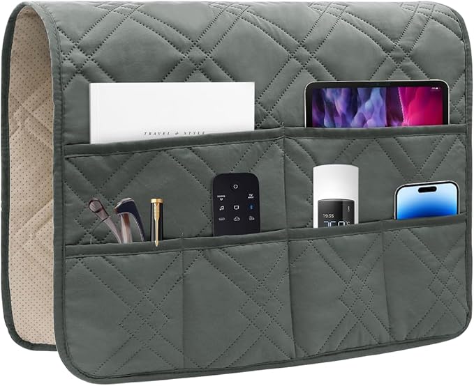 Couch Armrest Organizer Remote Control Holder Bedside Caddy with 6 Pockets, Non-Slip Armchair Caddy Sofa Armrest Organizer for Tv Remote Control, Magazine, Cell Phone, Dark Grey-NeatNest