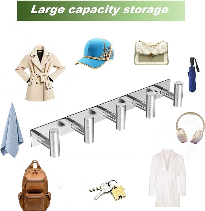 Wall Mounted Coat Rack-5 Hooks, Heavy Duty Stainless Steel Hook Rail for Towel Coat Hat Purse Bag Jacket, Towel Hooks for Entryway Bathroom Kitchen (Silvery 5 Hooks - 1 Pack)-NeatNest