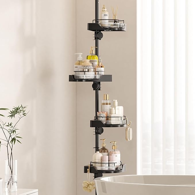 360° Rotating Corner Shower Caddy Tension Pole Organizer - 4-Tier Adjustable Rustproof Metal Pole, Plastic Shelves with Safety Guardrail, Bathroom Storage for Shower & Bathtub(Black)