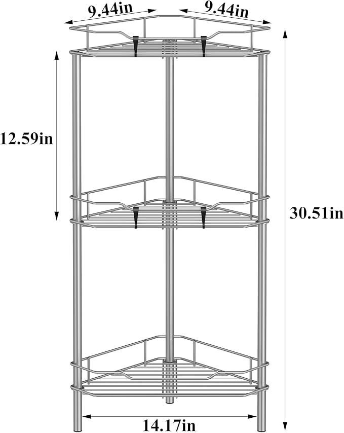3 Tier Floor Standing Corner Shower Caddy Organizer Shelf with Hooks, Bathroom Shelves Stand Rack, Gray
