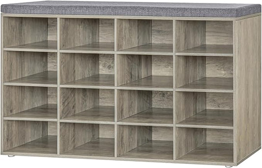 DINZI LVJ Shoe Storage Bench with Cushion, 16-Cubby Shoe Rack, Adjustable Shelves, Multifunctional Shoe Organizer Bench for Entryway, Mudroom, Hallway, Living Room, Bedroom and Garage, Gray Wash-NeatNest