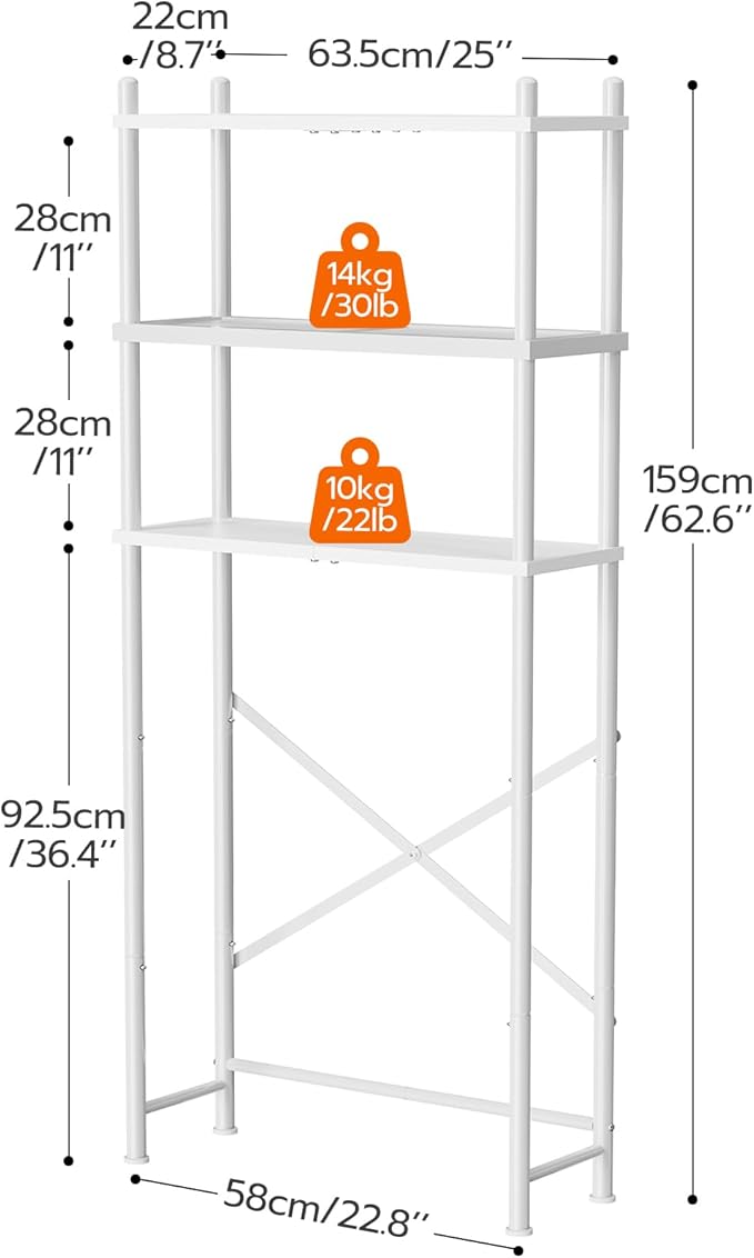 HOOBRO Over The Toilet Storage, 3-Tier Over Toilet Bathroom Organizer, Freestanding Above Toilet Shelf with Adjustable Feet, Space Saving, Easy Assembly, White WW63TS01