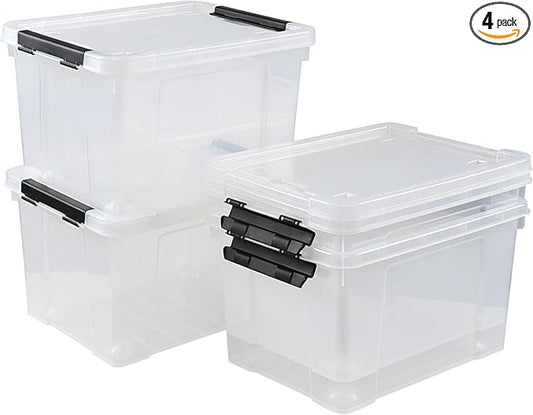 4-Pack 24 Quart Storage Box, Clear Plastic Storage Bin with Wheels