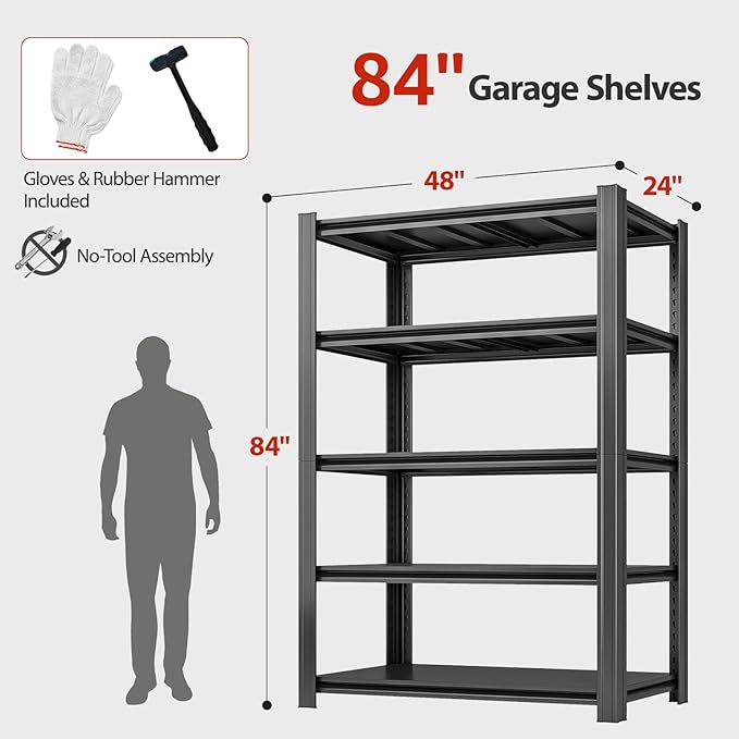 5 Tier Metal Shelving Unit 84" H x 48" W x 24" D, 3000LBS Adjustable Storage Shelves, Heavy Duty Garage Shelves for Warehouse, Basement, Kitchen, Pantry, Living Room, Black-NeatNest