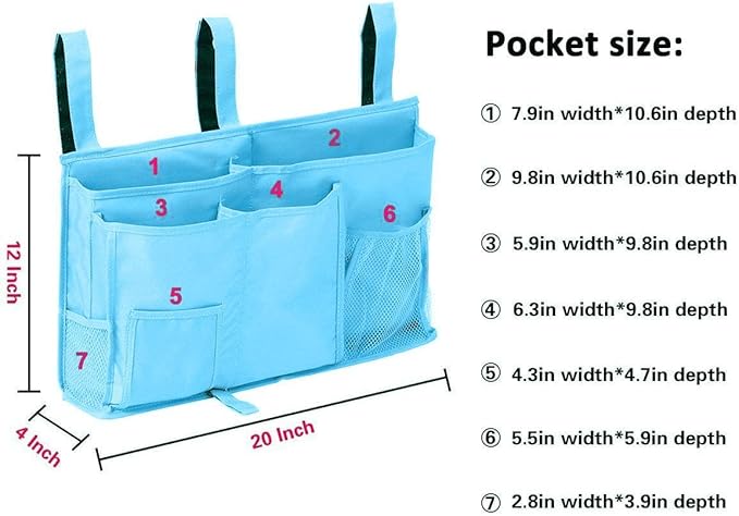 Createy Bedside Caddy Hanging Organizer Storage Bag Pocket for Bunk and Hospital Beds, College Dorm Rooms, Baby Bed Rails, Camp - 4 Pockets and 2 Hooks-NeatNest