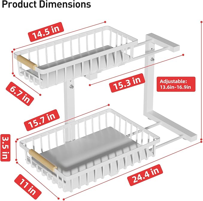 Under Sink Organizer, 2 Tier Height Adjustable Pull Out Cabinet Organizer Drawer, Metal Storage Shelf with Slide Out Wire Basket for Bathroom Kitchen, Countertop Pantry, White-NeatNest