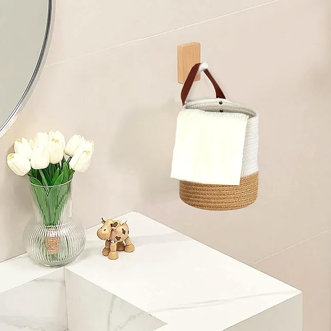 DULLEMELO Small Hanging Basket with Handle Set of 2 Hanging Wall Baskets, Wall Hanging Baskets for Organizing Wall Plants, Key, Sunglasses Small Woven Basket,White&Brown-NeatNest