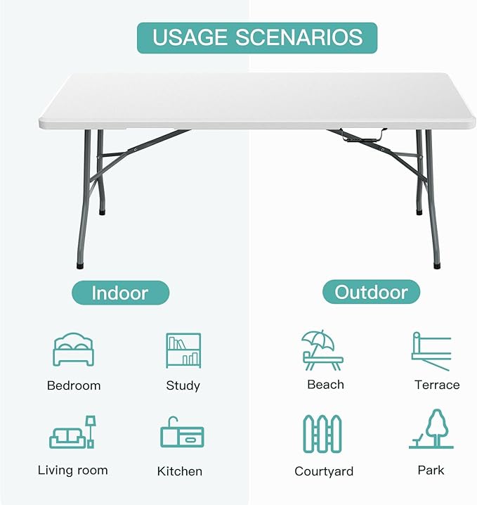 6ft Folding Table with Nylon Tablecloth, 71''D x 28''W x 29''H Heavy-Duty Foldable Plastic Table with Carry Handle for Picnic, Party, Dining, Camping - White (White, 6FT FoldingTable with Tablecloth)-NeatNest