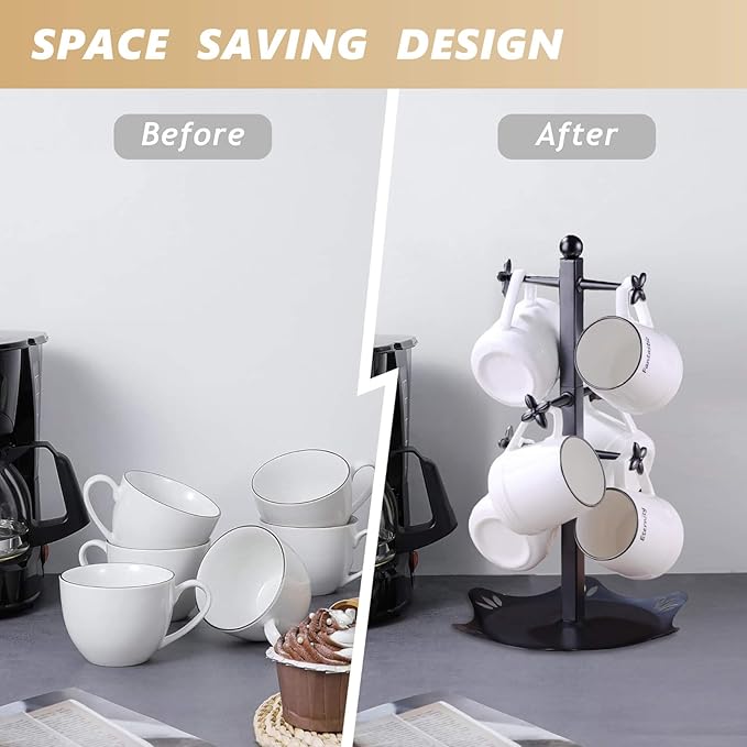Coffee Mug Holder for Countertop, Cup Holder with 6 Hooks, Mug Stand for Counter, Coffee Bar Accessory, Mug Tree Station Organizer, Black-NeatNest