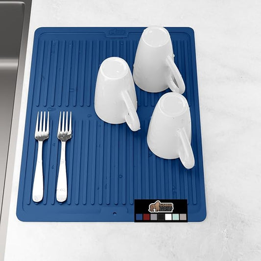 GORILLA GRIP 100% BPA-Free Patented Silicone Dish Drying Mat for Kitchen Counter, Water Catching Ribbed Design, Easy Clean Waterproof Sink Liner, Heat Resistant, Fits Under Rack, 16x12 Inch, Blue